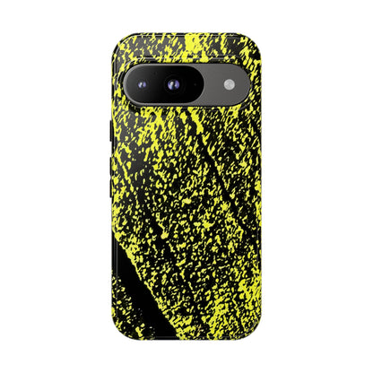 Bloom to Consume protective phone case featuring a black and toxic yellow organic decay pattern.