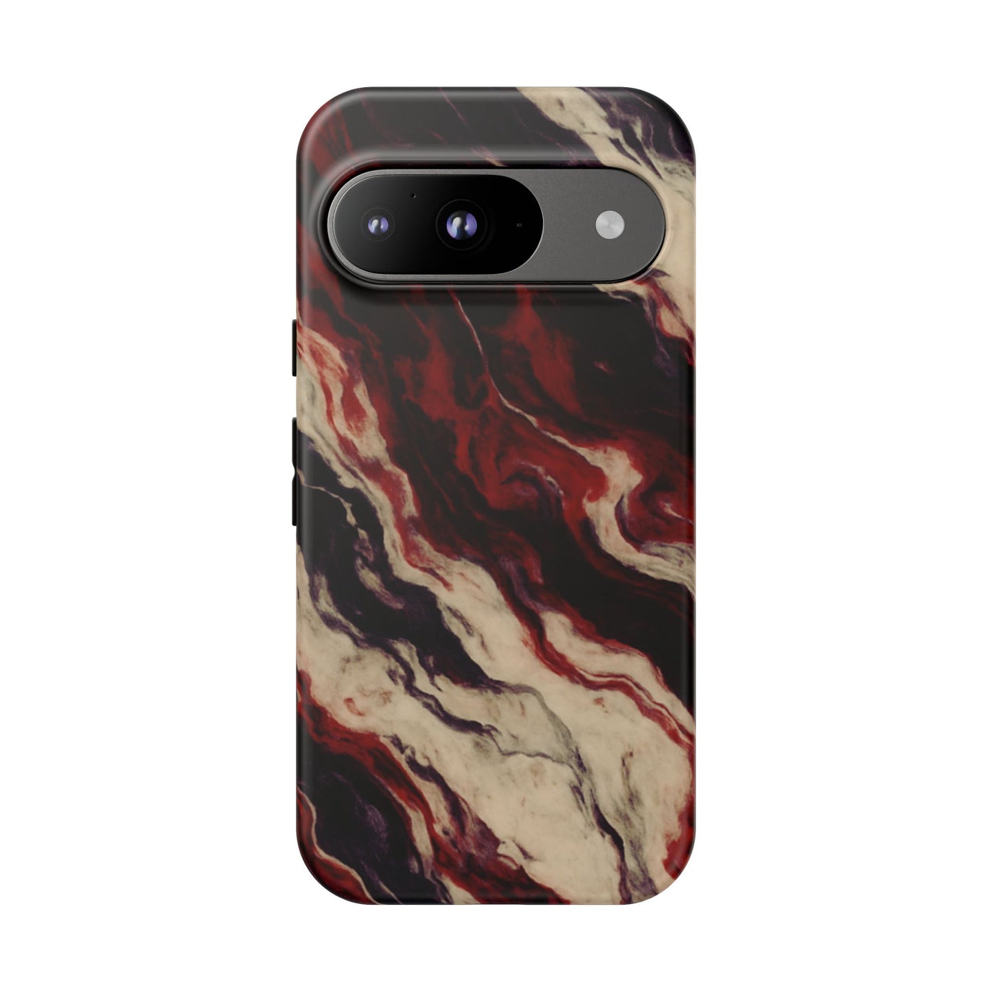 NecroGrip “Fascia” impact-resistant phone case with red, bone, and black marbled streaks, abstract muscle-like pattern on a slim dual-layer shell.