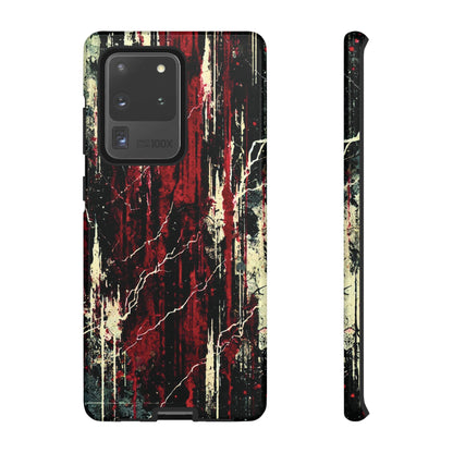 Corrosive impact-resistant phone case with distressed red, black, and bone-white design for iPhone, Samsung, and Google Pixel by NecroGrip.