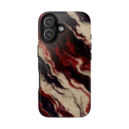 NecroGrip “Fascia” impact-resistant phone case with red, bone, and black marbled streaks, abstract muscle-like pattern on a slim dual-layer shell.