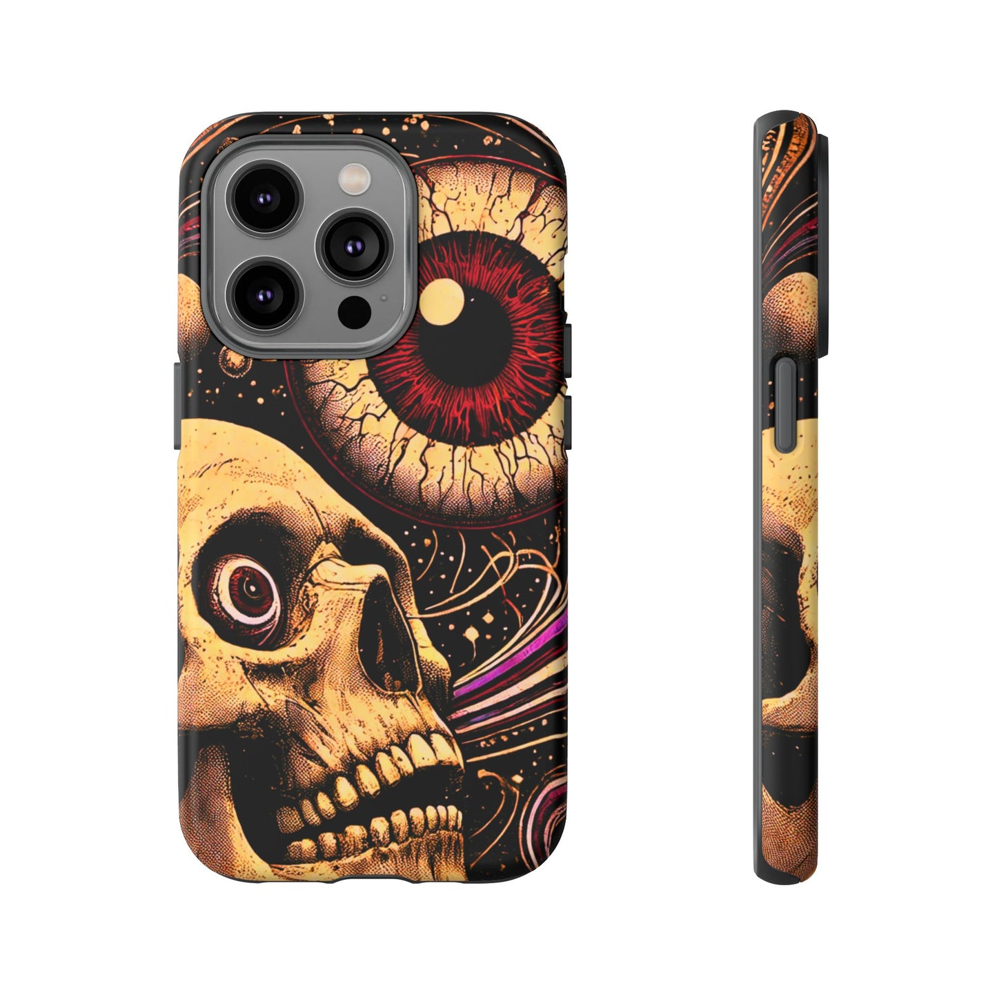 Impact-resistant tough phone case featuring a dark cosmic skull and eye design on a durable dual-layer shell by NecroGrip.