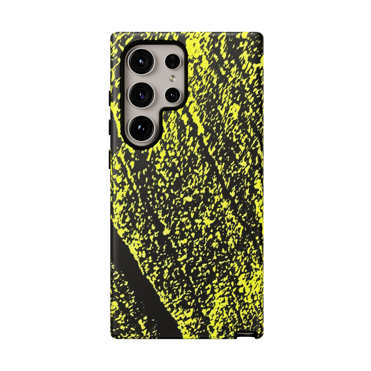 A protective phone case featuring a high-contrast black and neon yellow splatter pattern, shown on a clean white background.