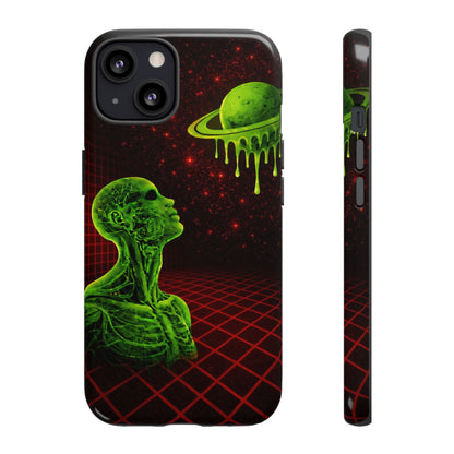 Glowing green anatomical bust gazing up at a dripping Saturn-like planet over a red grid and star-speckled space background on a black phone case.