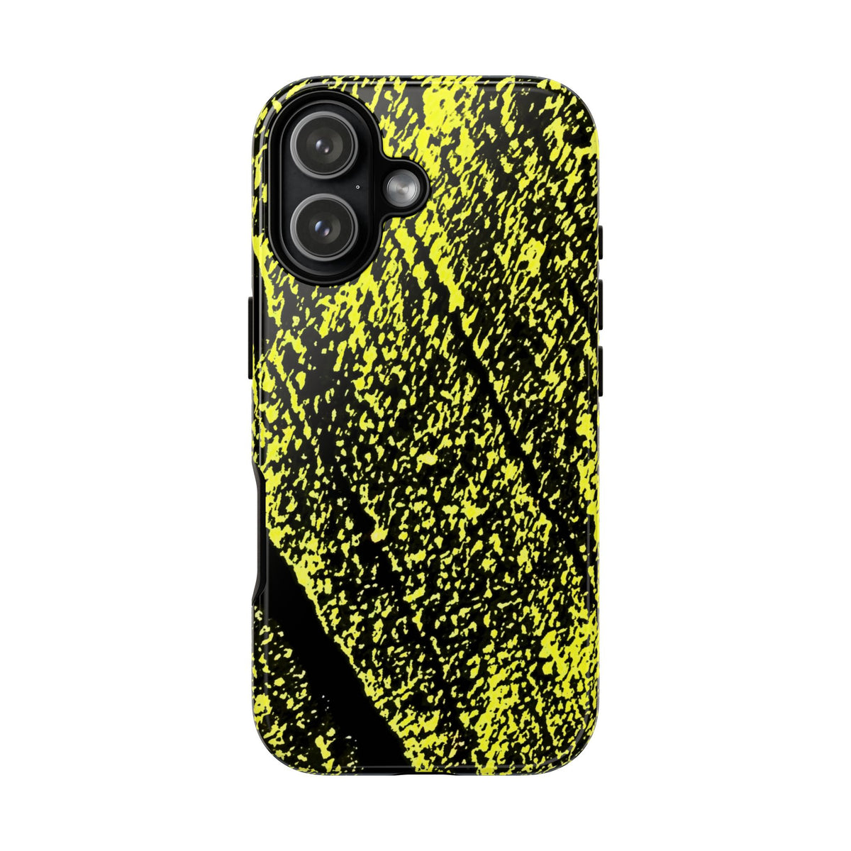 A protective phone case featuring a high-contrast black and neon yellow abstract textured pattern, shown on a plain white background.