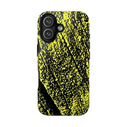 A protective phone case featuring a high-contrast black and neon yellow abstract textured pattern, shown on a plain white background.