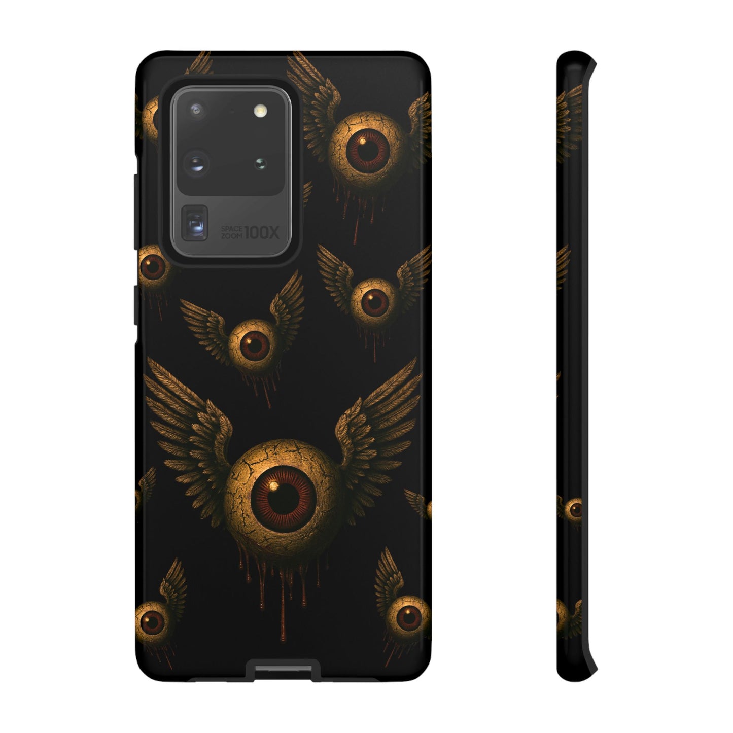 Black phone case with multiple cracked eyeballs with wings, dripping in rust, flying across a dark void.