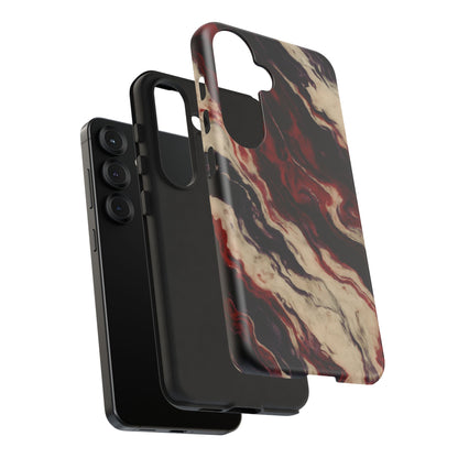 NecroGrip “Fascia” impact-resistant phone case with red, bone, and black marbled streaks, abstract muscle-like pattern on a slim dual-layer shell.