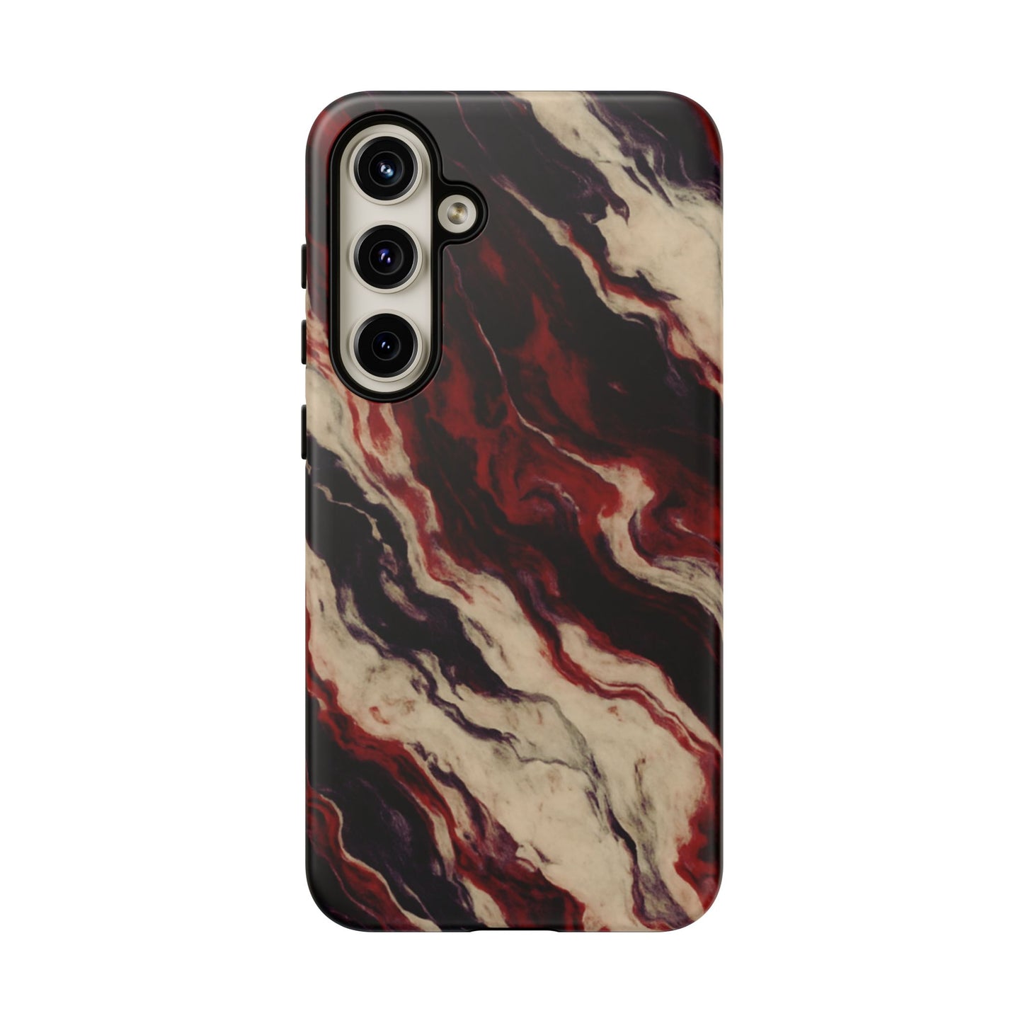 NecroGrip “Fascia” impact-resistant phone case with red, bone, and black marbled streaks, abstract muscle-like pattern on a slim dual-layer shell.