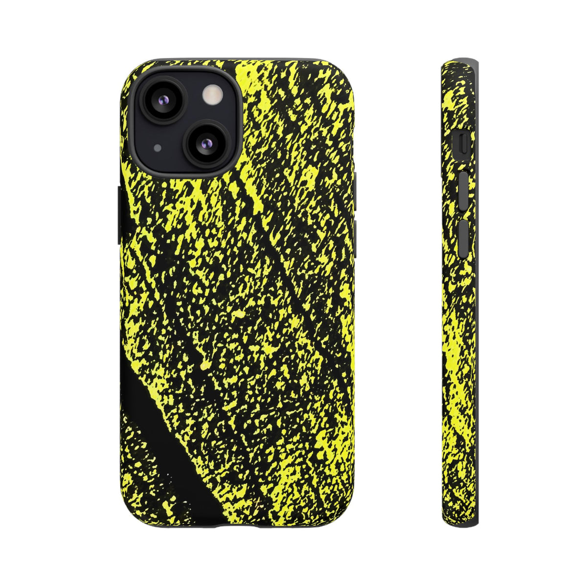 Bloom to Consume protective phone case featuring a black and toxic yellow organic decay pattern.