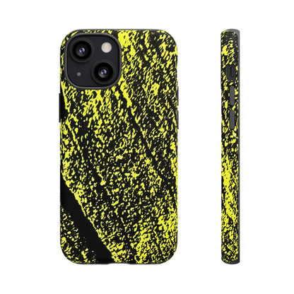 Bloom to Consume protective phone case featuring a black and toxic yellow organic decay pattern.