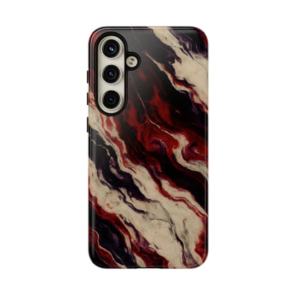 NecroGrip “Fascia” impact-resistant phone case with red, bone, and black marbled streaks, abstract muscle-like pattern on a slim dual-layer shell.