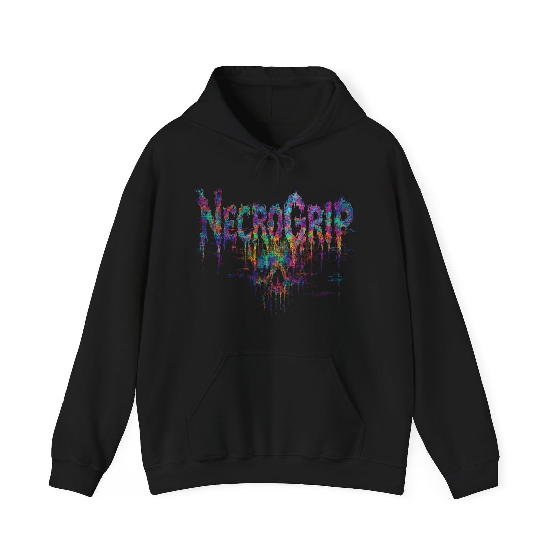 Black Gildan 18500 hoodie, flat lay, featuring NecroGrip Prism Decay multicolor drip logo on front.