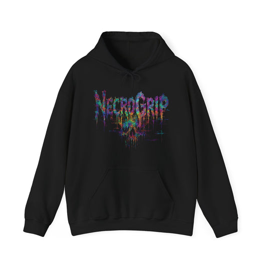 Black Gildan 18500 hoodie, flat lay, featuring NecroGrip Prism Decay multicolor drip logo on front.