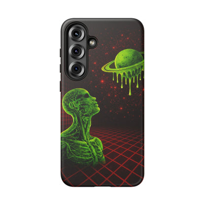 Glowing green anatomical bust gazing up at a dripping Saturn-like planet over a red grid and star-speckled space background on a black phone case.