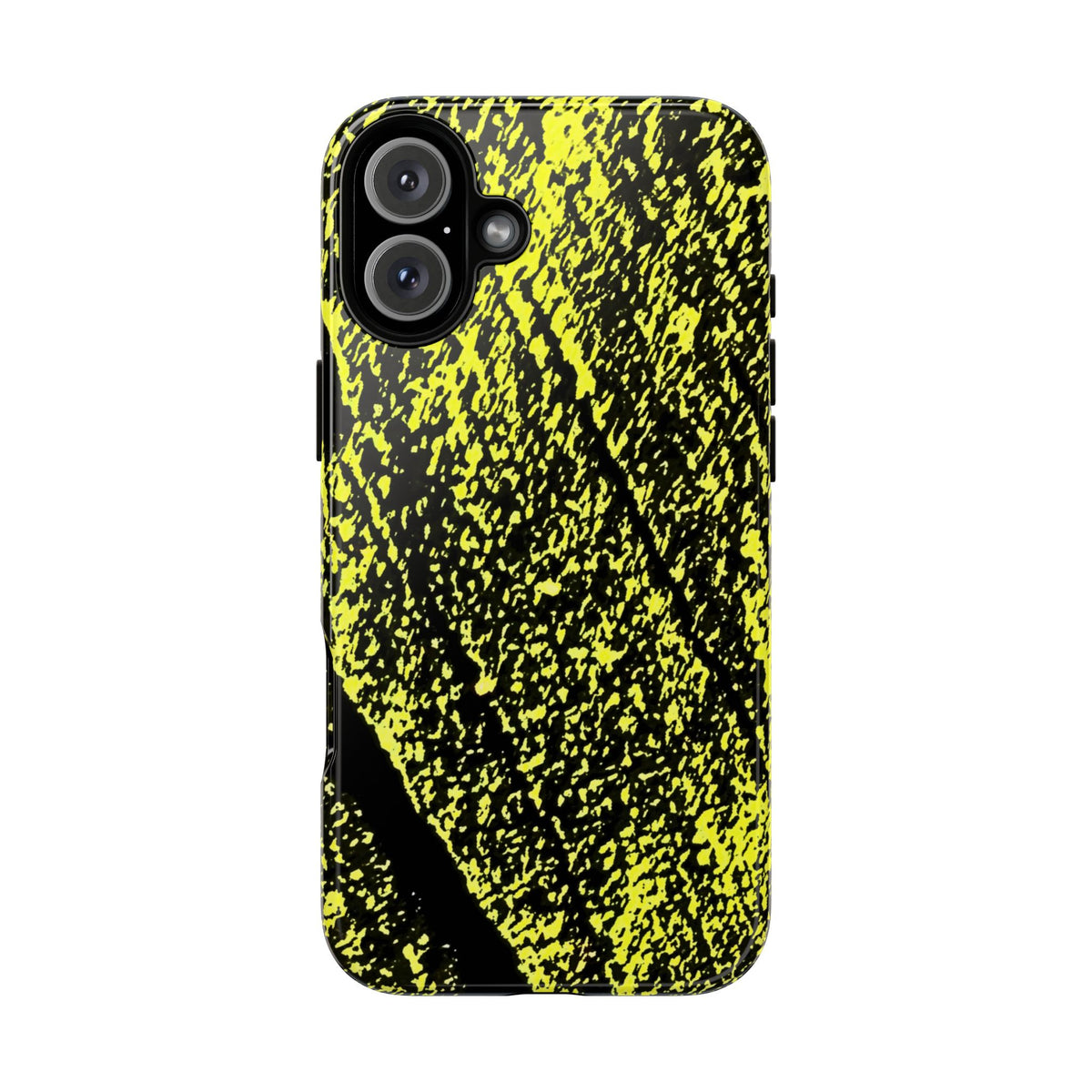 A protective phone case featuring a high-contrast black and neon yellow abstract textured pattern, shown on a plain white background.
