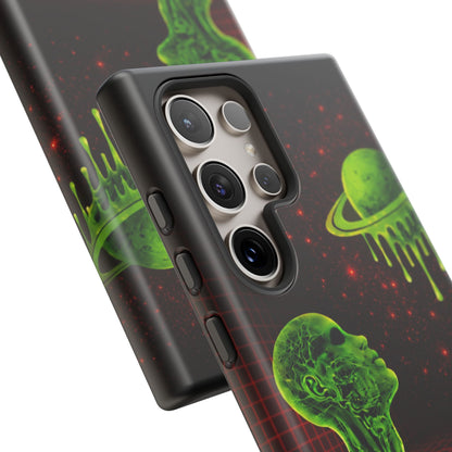 Glowing green anatomical bust gazing up at a dripping Saturn-like planet over a red grid and star-speckled space background on a black phone case.