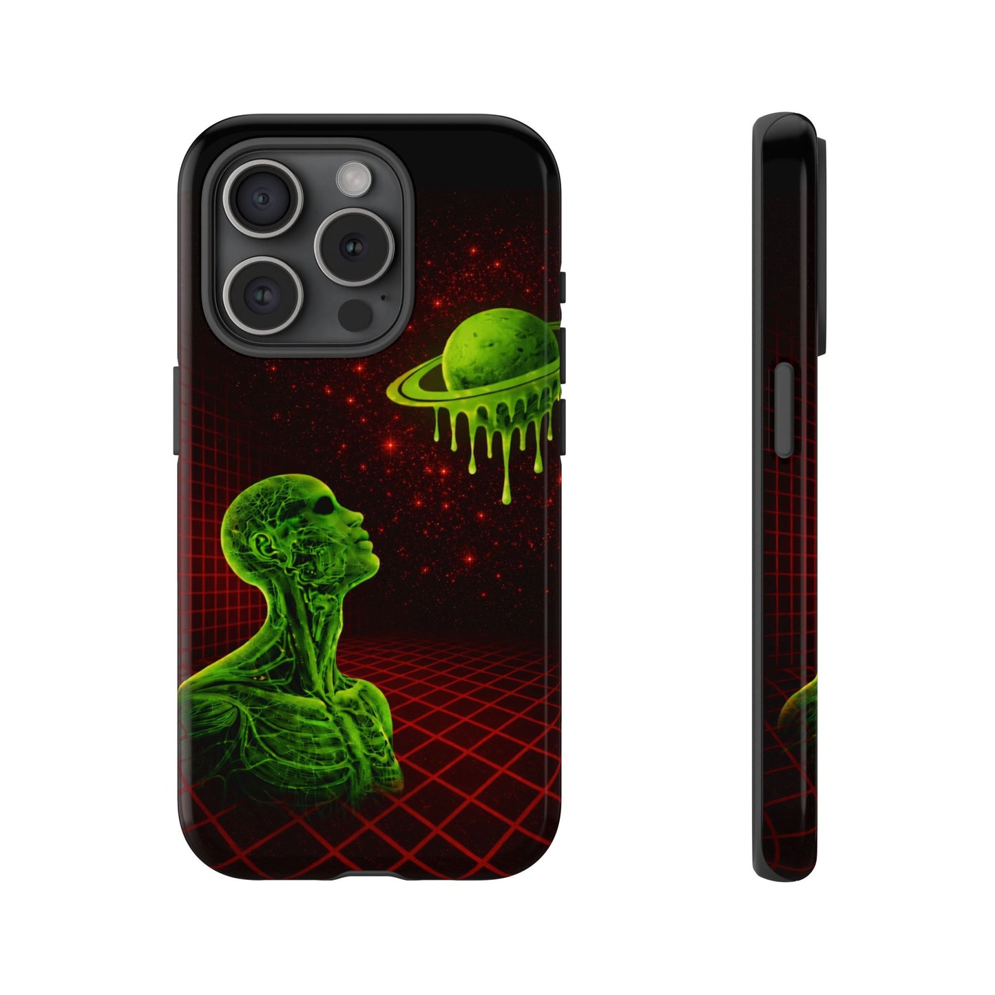 Glowing green anatomical bust gazing up at a dripping Saturn-like planet over a red grid and star-speckled space background on a black phone case.
