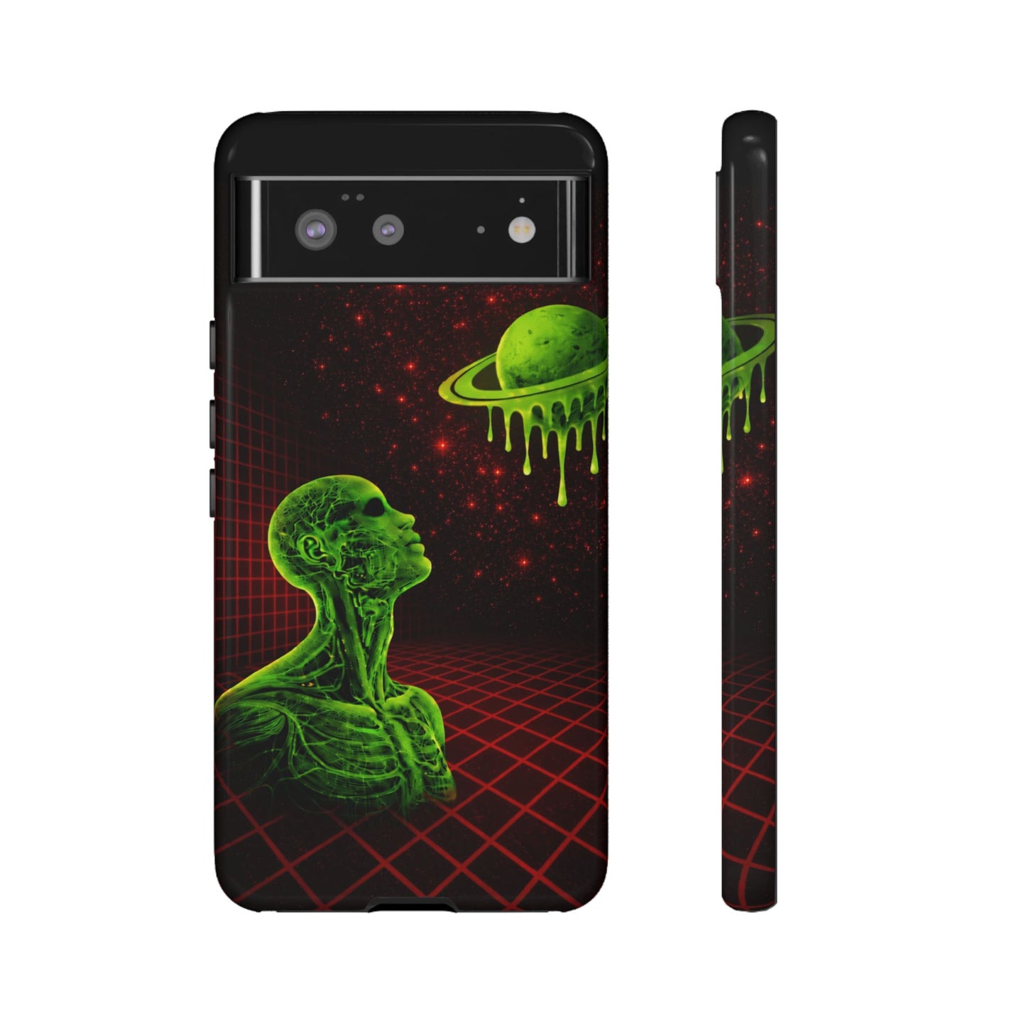 Glowing green anatomical bust gazing up at a dripping Saturn-like planet over a red grid and star-speckled space background on a black phone case.