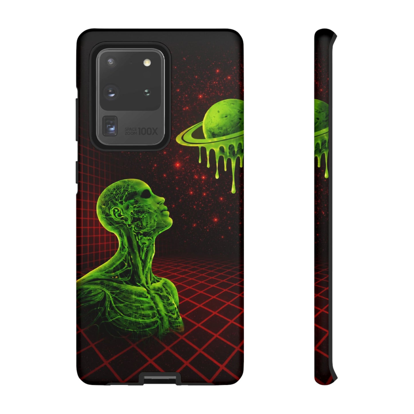Glowing green anatomical bust gazing up at a dripping Saturn-like planet over a red grid and star-speckled space background on a black phone case.