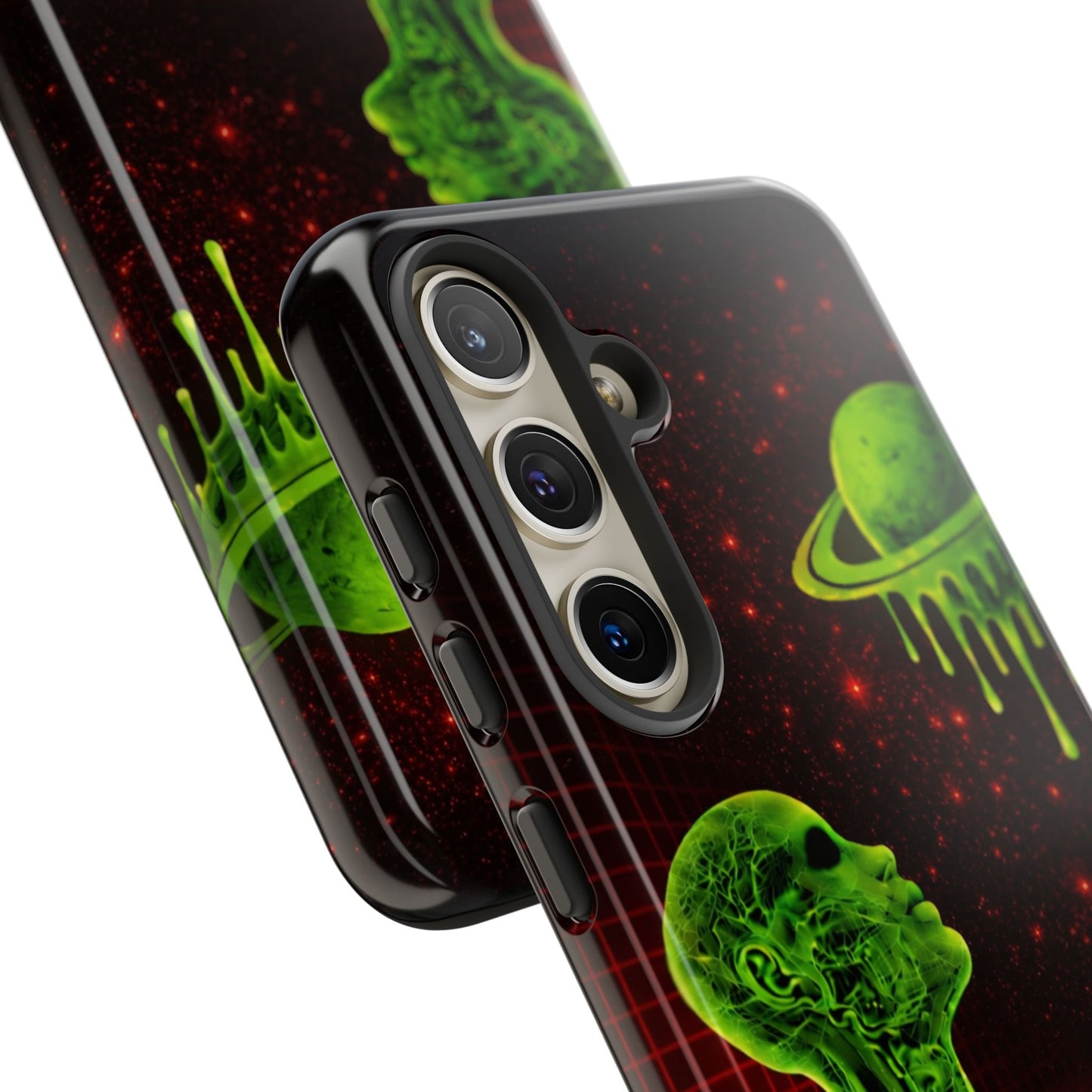 Glowing green anatomical bust gazing up at a dripping Saturn-like planet over a red grid and star-speckled space background on a black phone case.