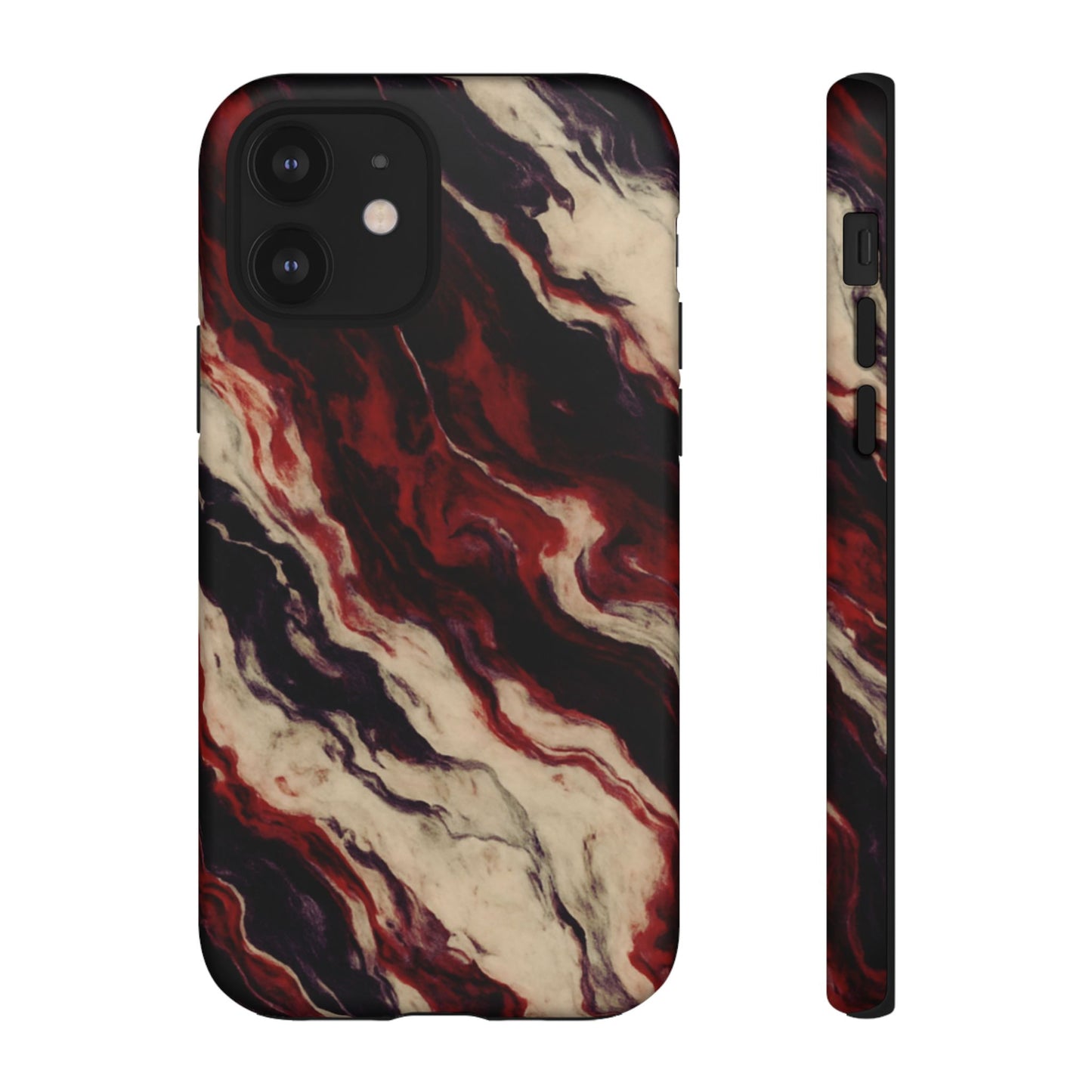 NecroGrip “Fascia” impact-resistant phone case with red, bone, and black marbled streaks, abstract muscle-like pattern on a slim dual-layer shell.