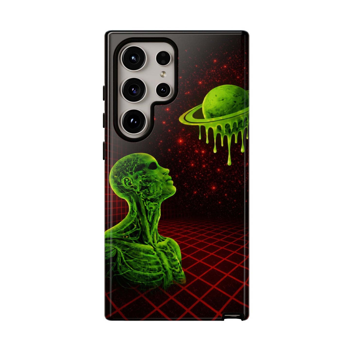 Glowing green anatomical bust gazing up at a dripping Saturn-like planet over a red grid and star-speckled space background on a black phone case.
