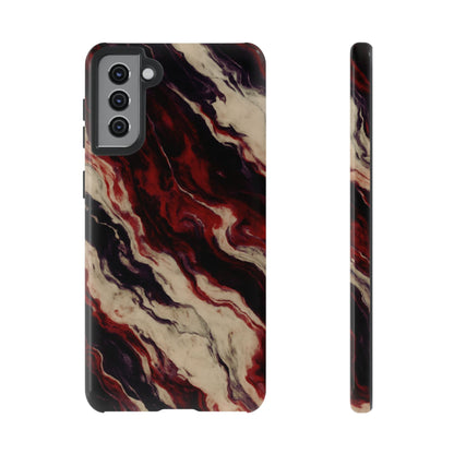 NecroGrip “Fascia” impact-resistant phone case with red, bone, and black marbled streaks, abstract muscle-like pattern on a slim dual-layer shell.