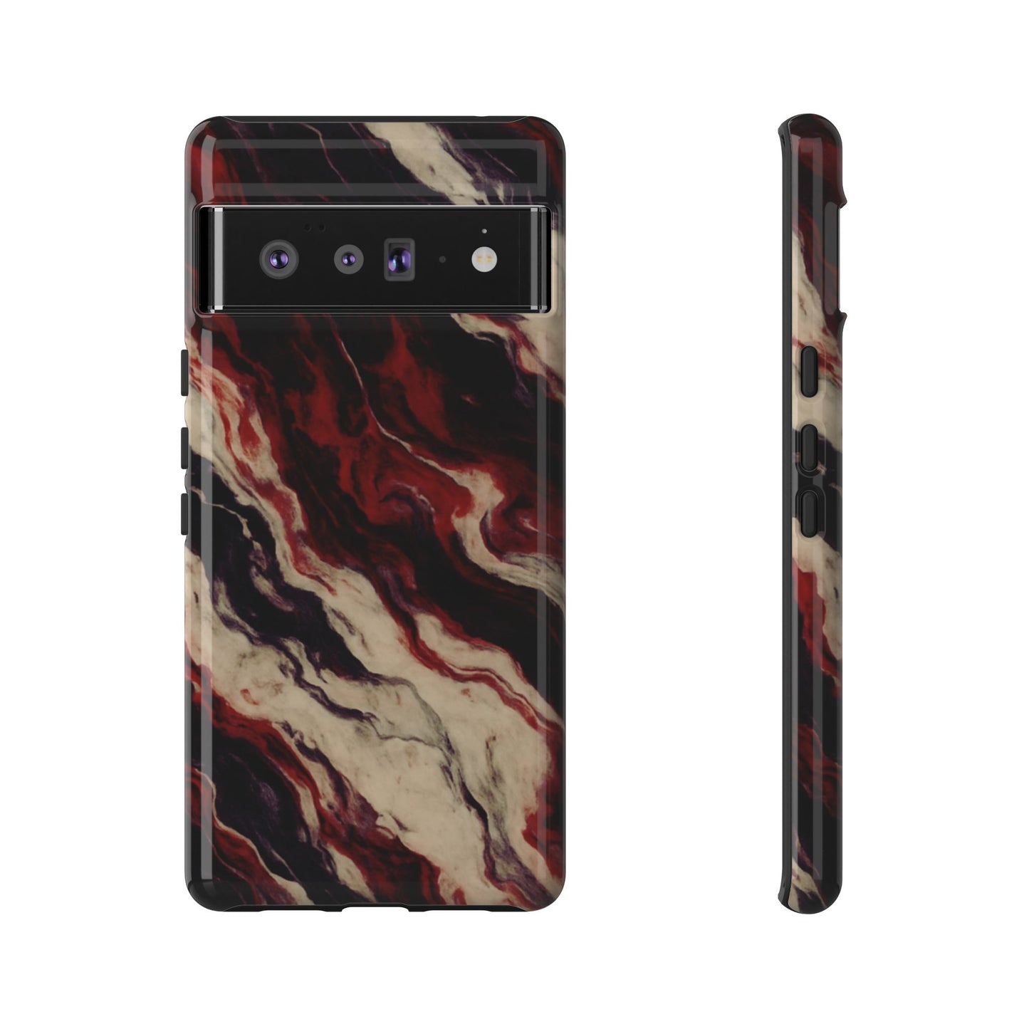 NecroGrip “Fascia” impact-resistant phone case with red, bone, and black marbled streaks, abstract muscle-like pattern on a slim dual-layer shell.