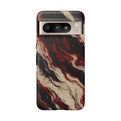 NecroGrip “Fascia” impact-resistant phone case with red, bone, and black marbled streaks, abstract muscle-like pattern on a slim dual-layer shell.