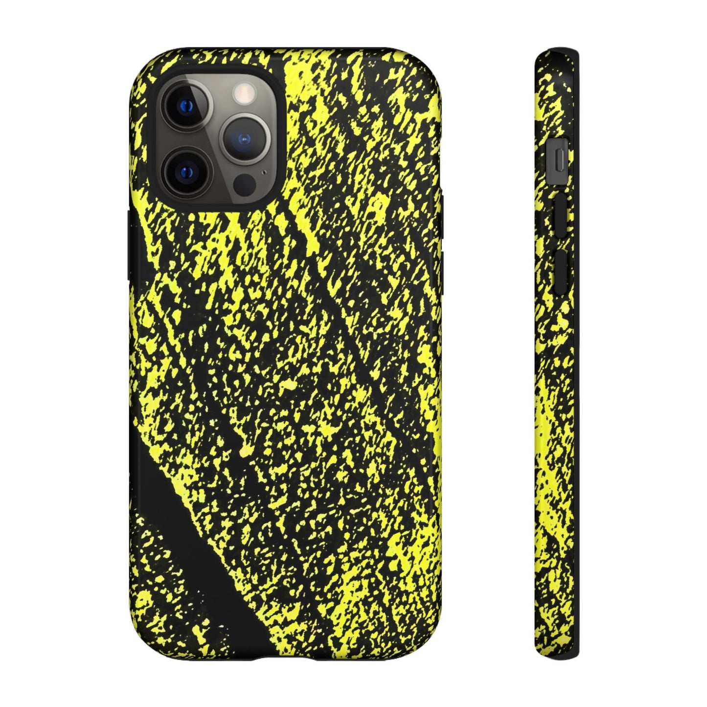 Bloom to Consume protective phone case featuring a black and toxic yellow organic decay pattern.