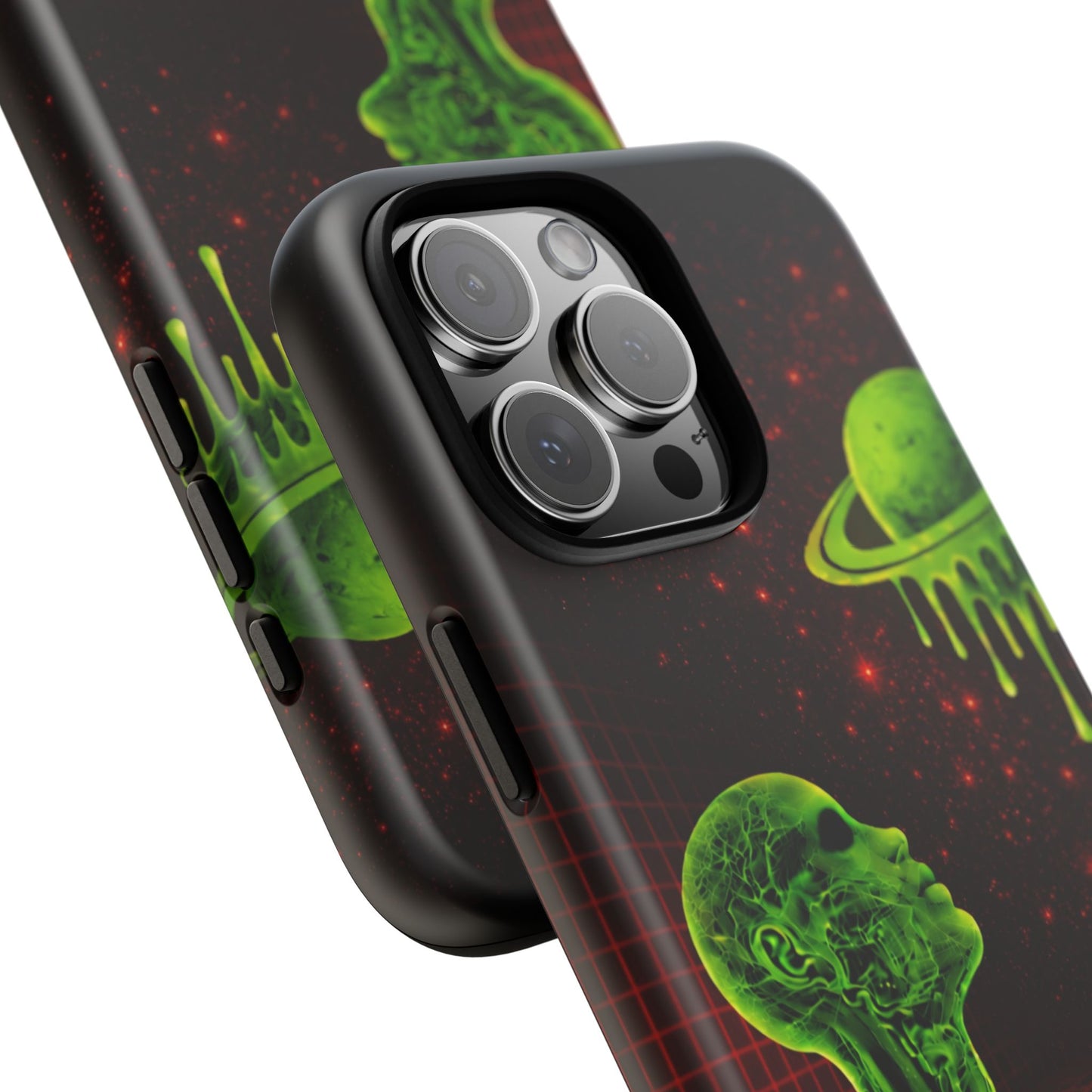 Glowing green anatomical bust gazing up at a dripping Saturn-like planet over a red grid and star-speckled space background on a black phone case.