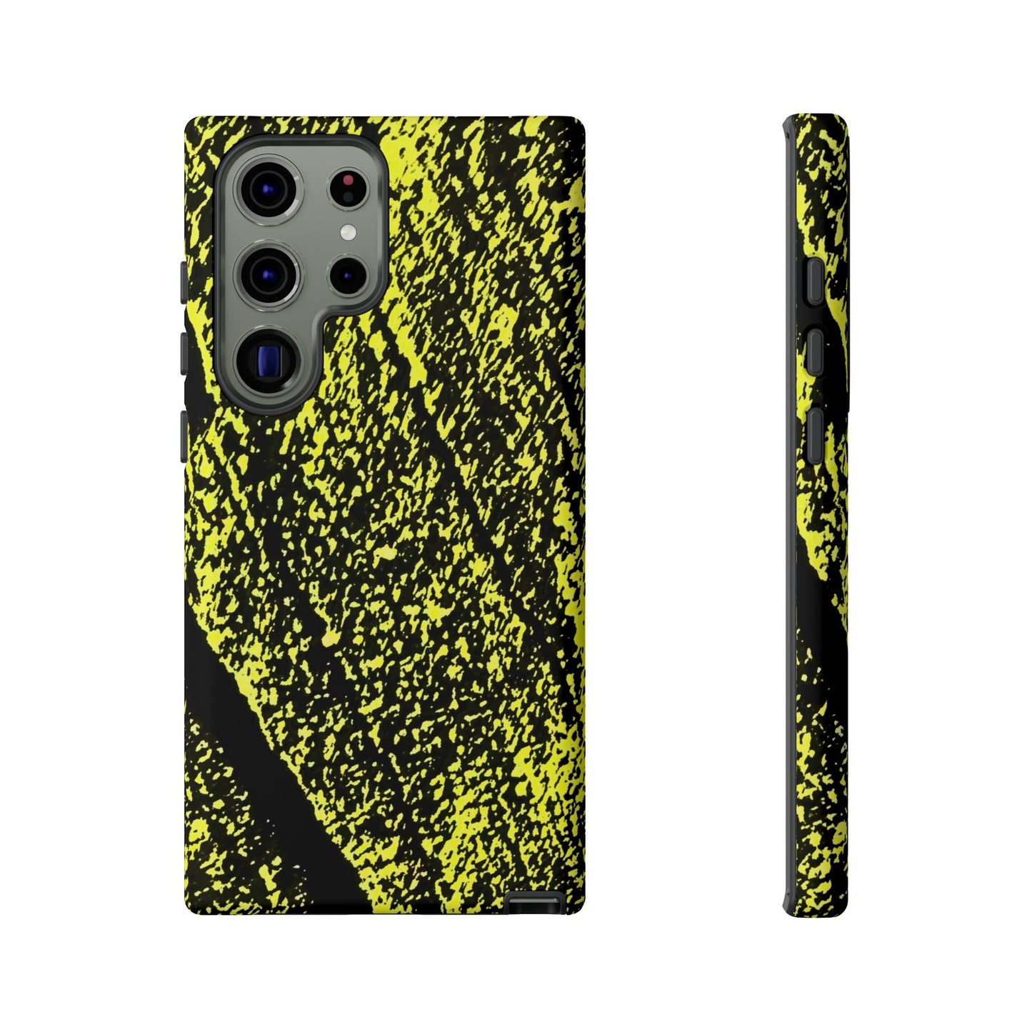 A phone case with a high-contrast black and neon yellow splattered pattern, shown from both the back and side views on a plain white background.