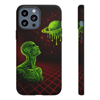 Glowing green anatomical bust gazing up at a dripping Saturn-like planet over a red grid and star-speckled space background on a black phone case.