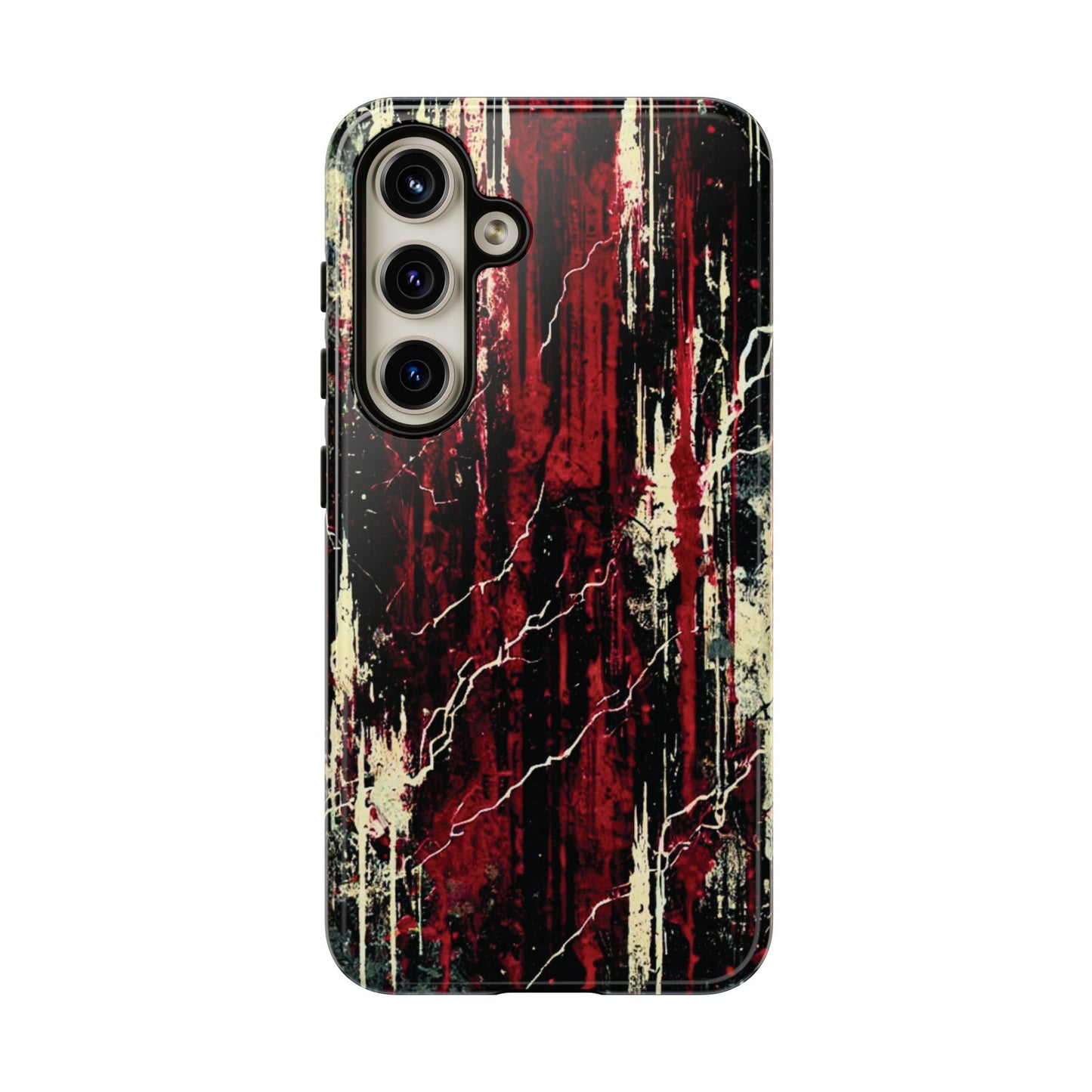 Corrosive impact-resistant phone case with distressed red, black, and bone-white design for iPhone, Samsung, and Google Pixel by NecroGrip.
