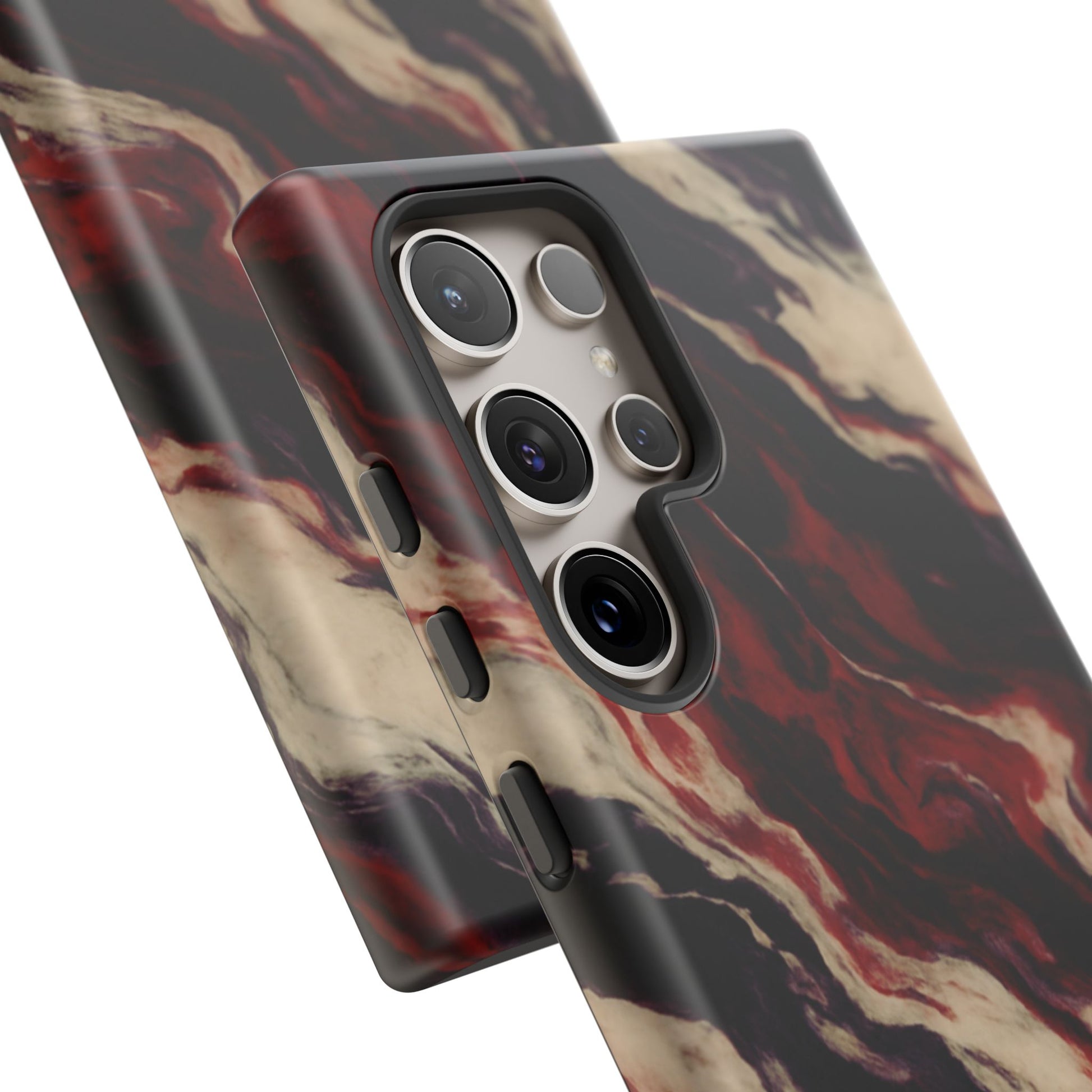 NecroGrip “Fascia” impact-resistant phone case with red, bone, and black marbled streaks, abstract muscle-like pattern on a slim dual-layer shell.