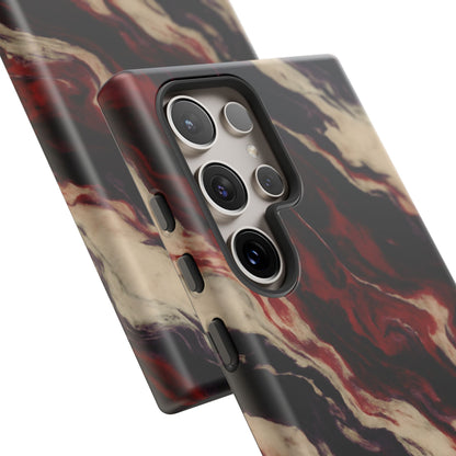NecroGrip “Fascia” impact-resistant phone case with red, bone, and black marbled streaks, abstract muscle-like pattern on a slim dual-layer shell.