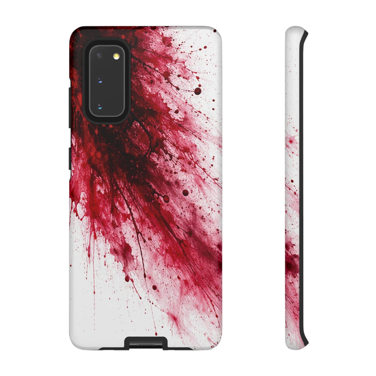 Phone case with red and white abstract design on a white background
