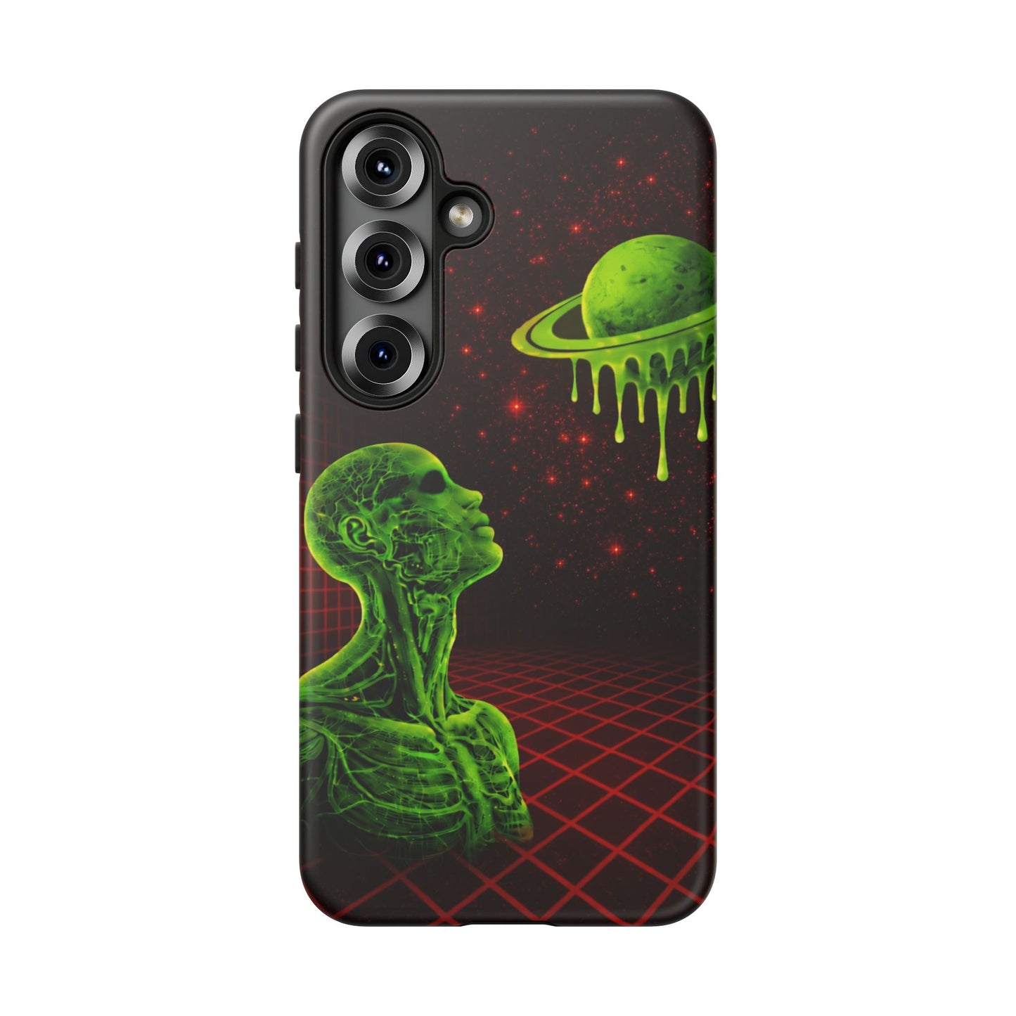 Glowing green anatomical bust gazing up at a dripping Saturn-like planet over a red grid and star-speckled space background on a black phone case.