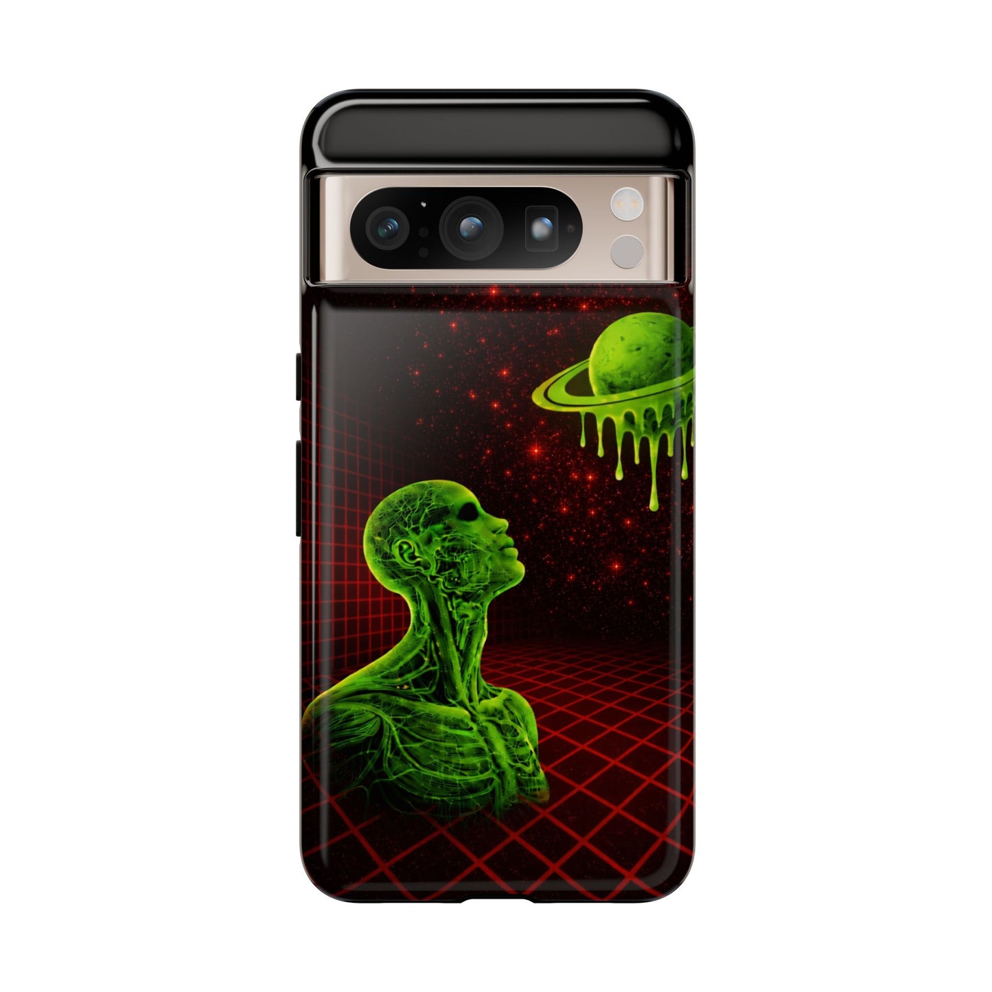 Glowing green anatomical bust gazing up at a dripping Saturn-like planet over a red grid and star-speckled space background on a black phone case.