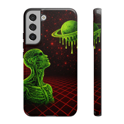 Glowing green anatomical bust gazing up at a dripping Saturn-like planet over a red grid and star-speckled space background on a black phone case.