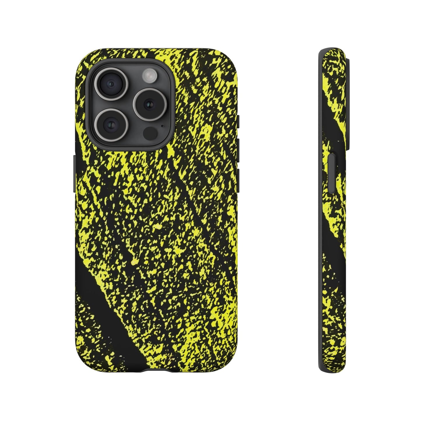 A phone case with a high-contrast black and neon yellow splatter pattern, shown from both the back and side views on a plain white background.