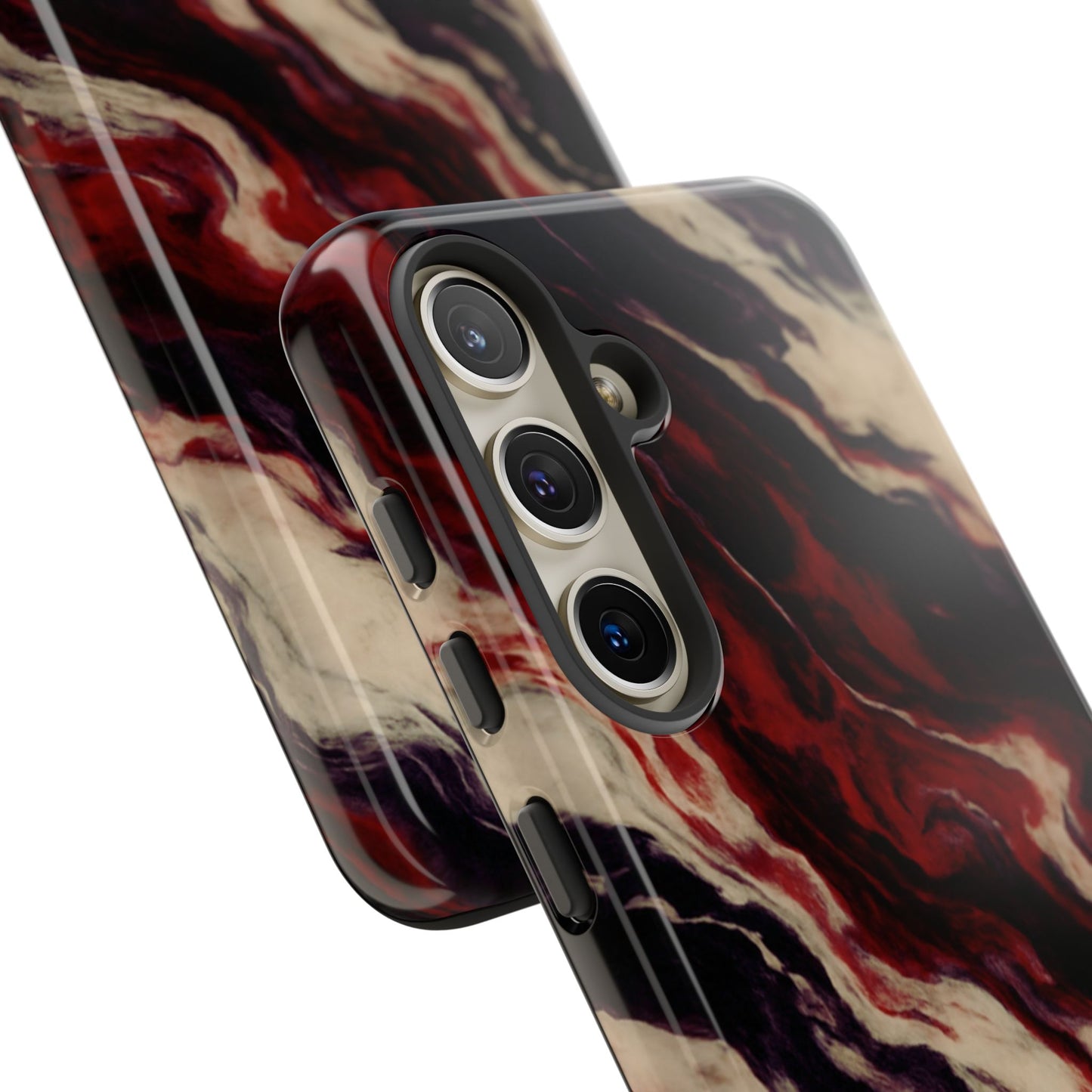 NecroGrip “Fascia” impact-resistant phone case with red, bone, and black marbled streaks, abstract muscle-like pattern on a slim dual-layer shell.