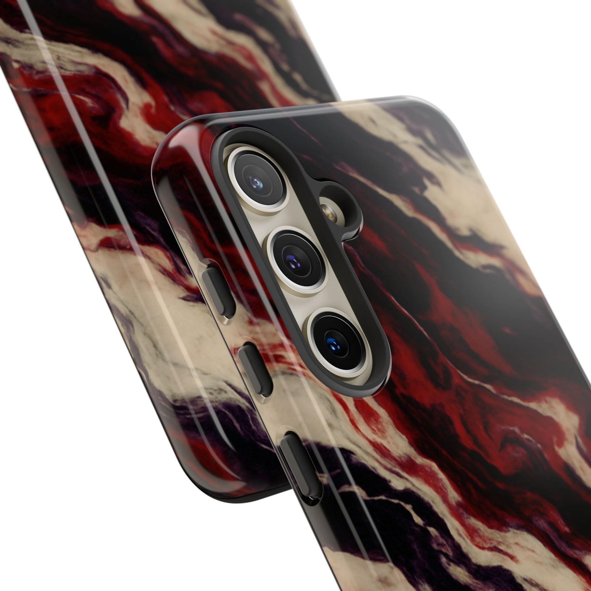 NecroGrip “Fascia” impact-resistant phone case with red, bone, and black marbled streaks, abstract muscle-like pattern on a slim dual-layer shell.