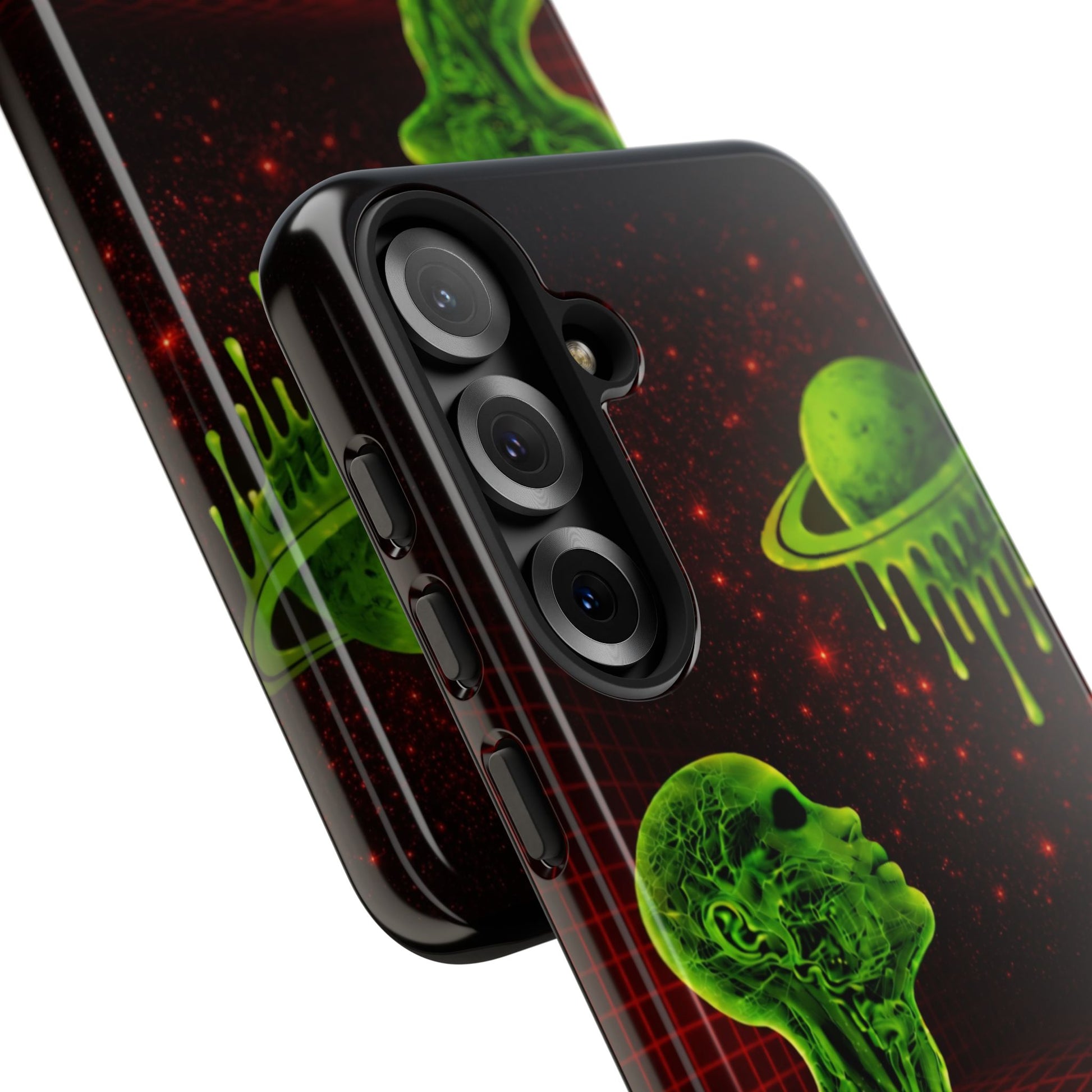 Glowing green anatomical bust gazing up at a dripping Saturn-like planet over a red grid and star-speckled space background on a black phone case.