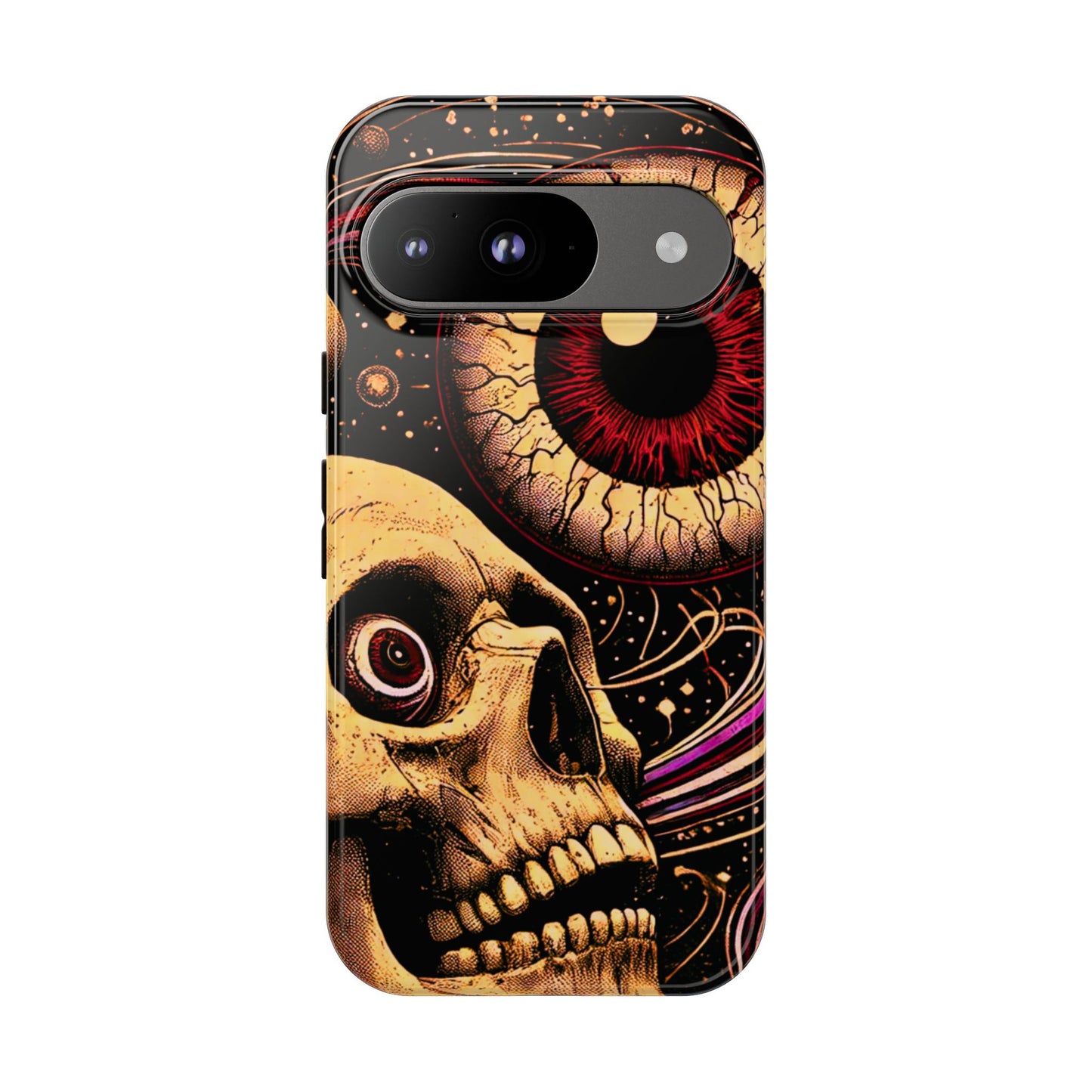Impact-resistant tough phone case featuring a dark cosmic skull and eye design on a durable dual-layer shell by NecroGrip.