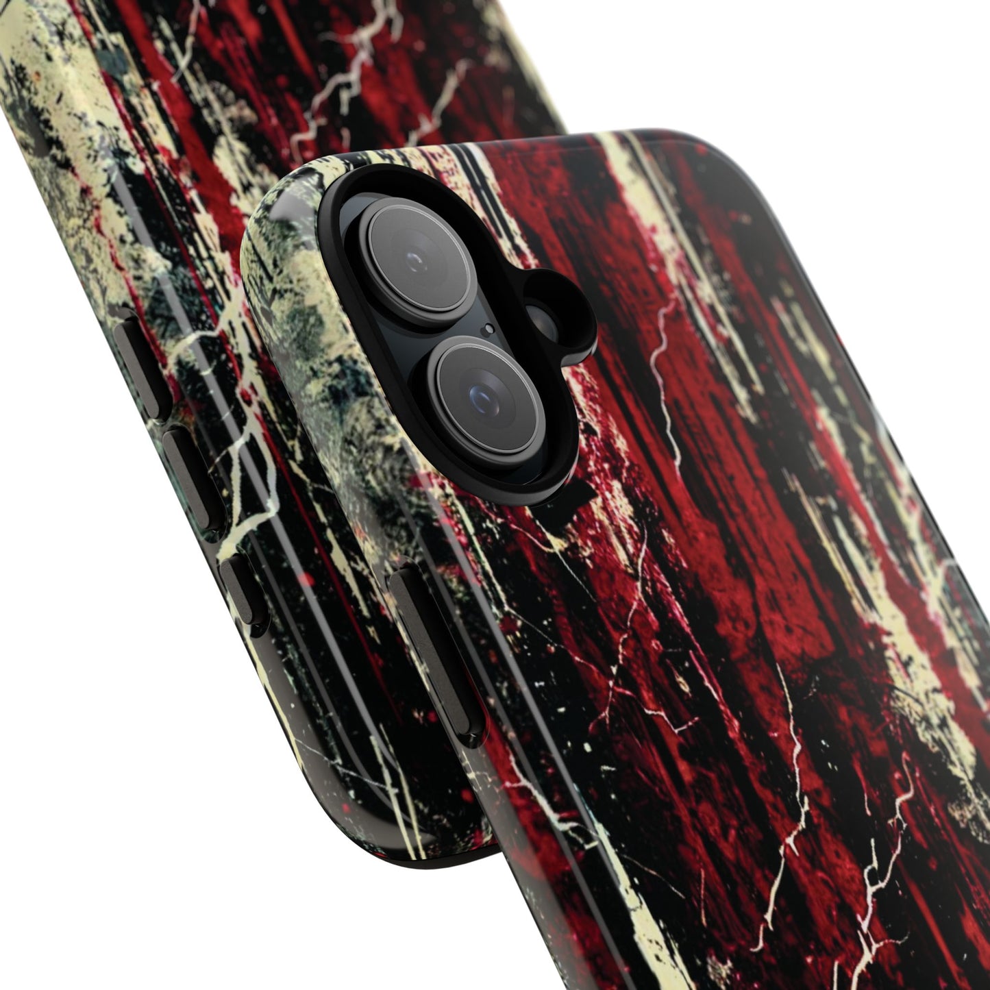Corrosive impact-resistant phone case with distressed red, black, and bone-white design for iPhone, Samsung, and Google Pixel by NecroGrip.