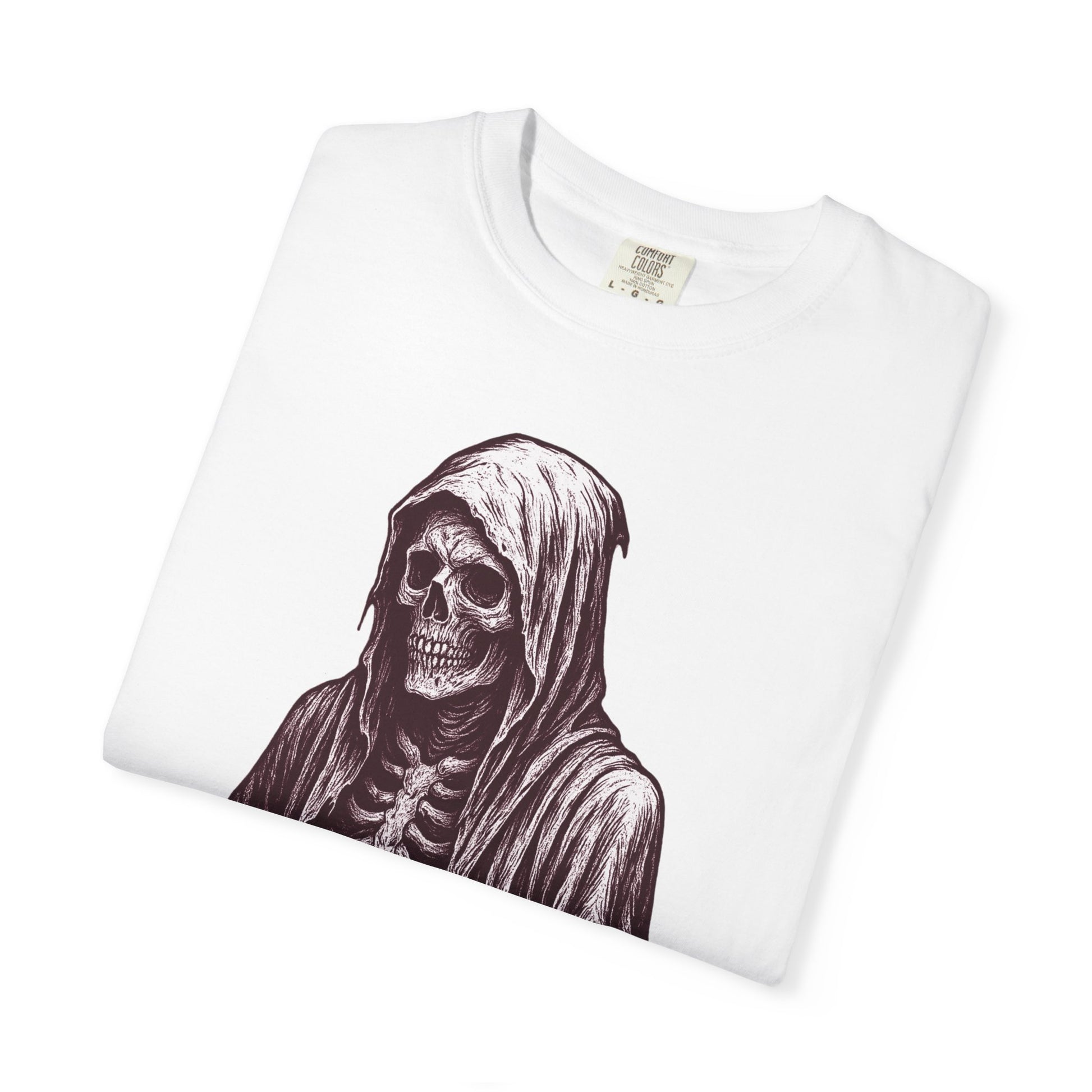 Half Grim design on white Comfort Colors tee by NecroGrip