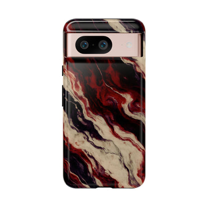 NecroGrip “Fascia” impact-resistant phone case with red, bone, and black marbled streaks, abstract muscle-like pattern on a slim dual-layer shell.