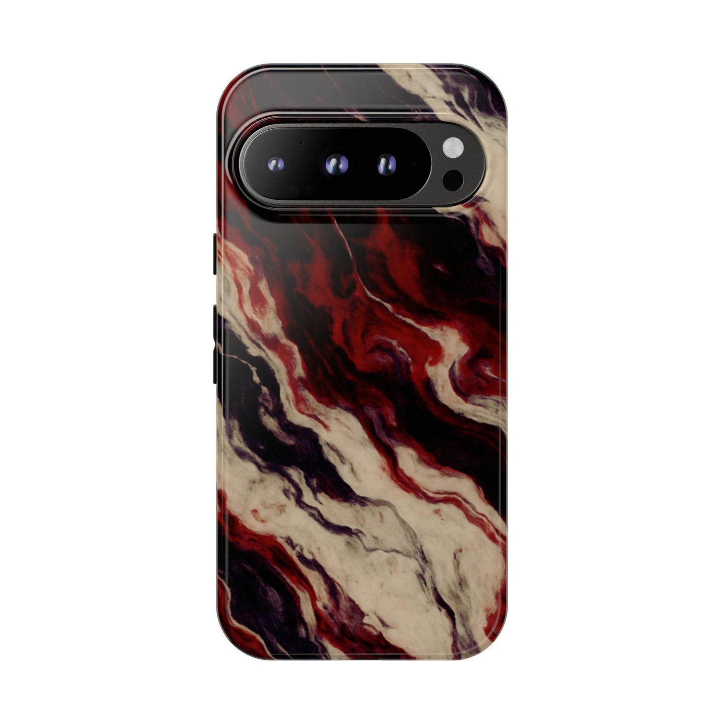 NecroGrip “Fascia” impact-resistant phone case with red, bone, and black marbled streaks, abstract muscle-like pattern on a slim dual-layer shell.