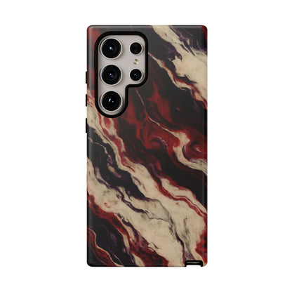 NecroGrip “Fascia” impact-resistant phone case with red, bone, and black marbled streaks, abstract muscle-like pattern on a slim dual-layer shell.